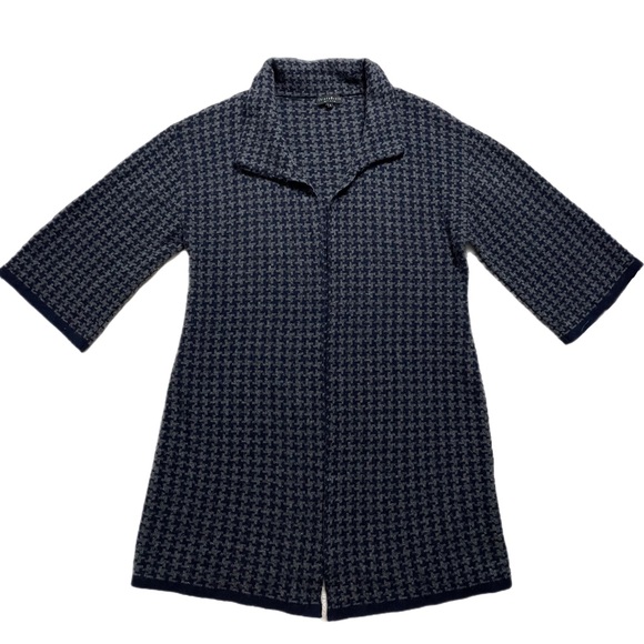 Chiara Mente Wool Blend Navy Grey Houndstooth Open Front Coatigan Sweater L - Picture 1 of 7